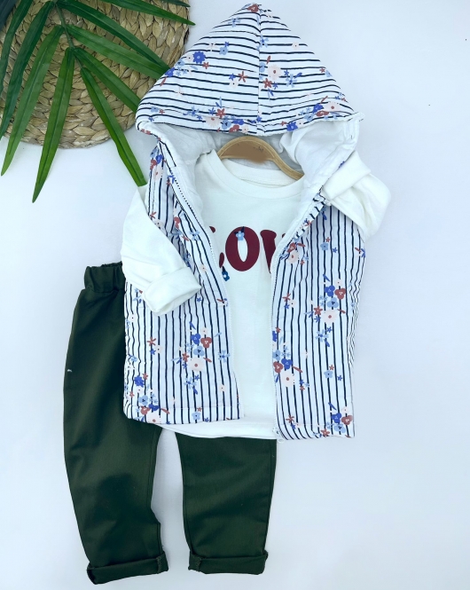 3-4-5-6 Yaş Kapşonlu Fermuarlı Çiçekli Şişme Yelek Sweat Pantolonlu 3lü Kız Erkek Çocuk Takımı