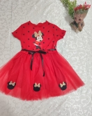 2-3-4 Yaş Puantiyeli Mickey Baskılı Kurdela Kuşaklı Astarlı Kız Bebek Tütü Elbisesi