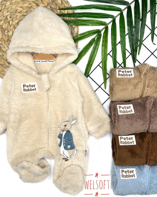 3-6-9-12 Ay Rabbit Tavşan Nakışlı Fermuar Kapamalı Patikli Tüylü Erkek Bebek Tulumu