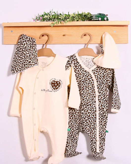 3-6 Ay Açık Kahve Leopar Kız Bebek 4'lü Tulum Seti Kahverengi
