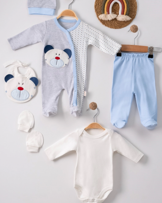 3 Ay Ayıcıklı Tulumlu Erkek Bebek 5'li Set Mavi