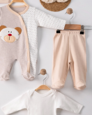 3 Ay Ayıcık Nakışlı Tulumlu Erkek Bebek 5'li Set Kahverengi