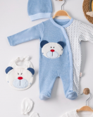 3 Ay Ayıcık Nakış Tulumlu Erkek Bebek 5'li Set Mavi