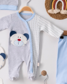 3 Ay Ayıcıklı Tulumlu Erkek Bebek 5'li Set Mavi