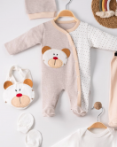 3 Ay Ayıcık Nakışlı Tulumlu Erkek Bebek 5'li Set Kahverengi