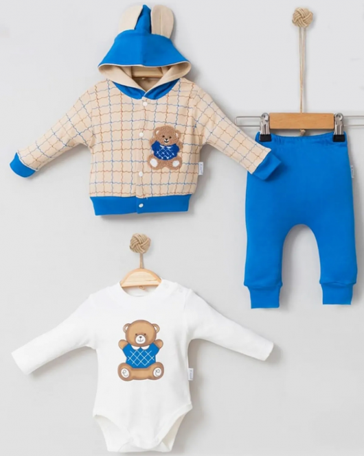 3-9 Ay Bear Çizgili Hırkalı 3'lü Bebek Alt&Üst Takımı Mavi