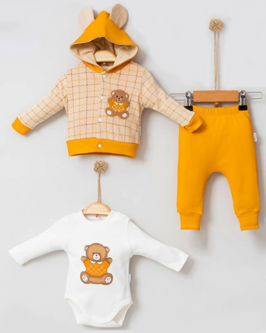 3-9 Ay Bear Çizgili Hırkalı 3'lü Bebek Alt&Üst Takımı Sarı