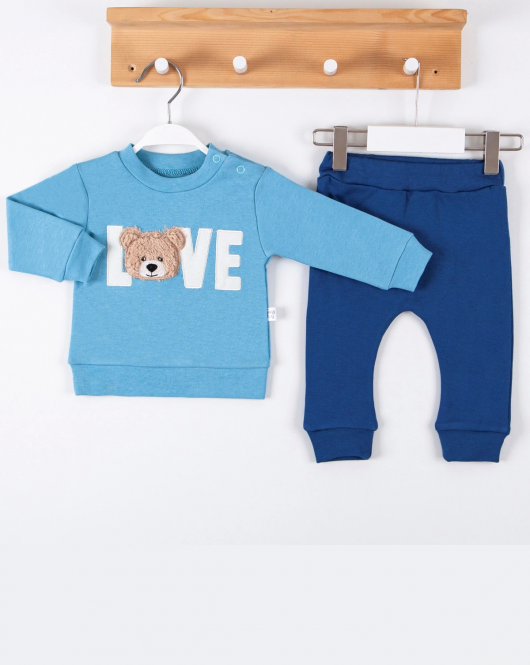 3-12 Ay Erkek Bebek Takımı Bear Love Nakışlı 2'li Mavi
