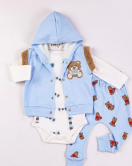 3-9 Ay Erkek Bebek Takımı Bear Nakışlı Yelekli 3'lü Mavi