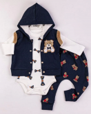 3-9 Ay Erkek Bebek Takımı Bear Nakışlı Yelekli 3'lü Lacivert