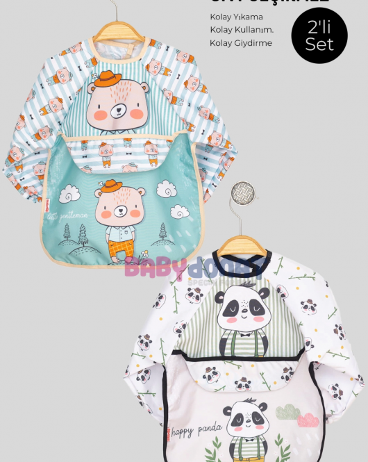 Cepli Sıvı Geçirmez Uzun Kol Mama ve Aktivite Önlüğü(Panda-Bear)