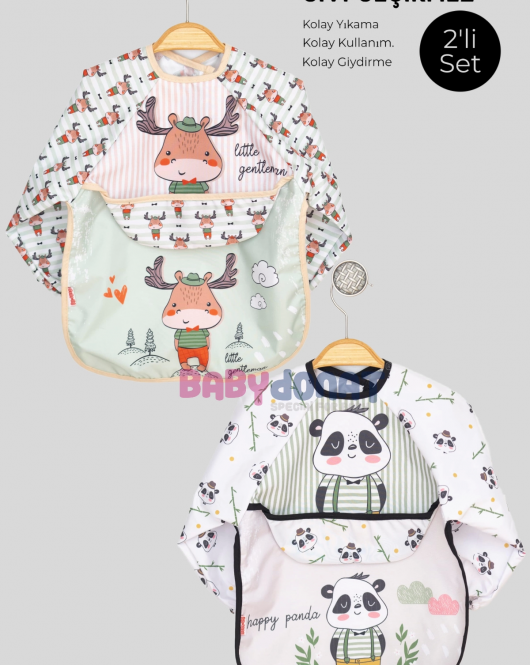 Cepli Sıvı Geçirmez Uzun Kol Mama ve Aktivite Önlüğü(Panda-Geyik)