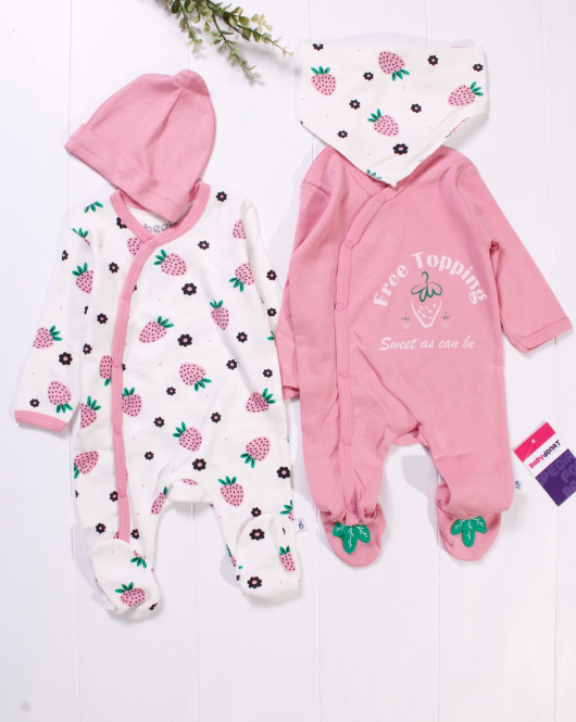 3-6 Ay Çilek Kız Bebek 4'lü Tulum Seti Pembe