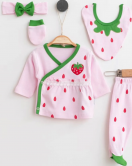 3 Ay Kız Bebek Çilek Nakışlı 5'li Hastane Çıkış Seti Pembe