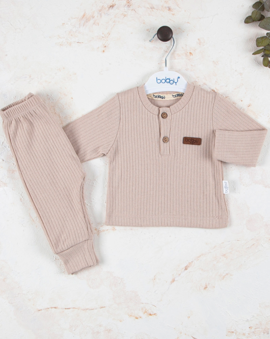 3-18 Ay Çizgili Kumaş 2'li Unisex Takımı Krem