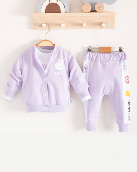 3-18 Ay Kız Bebek Takımı Cute Funny Kapişonlu 3'lü Lila