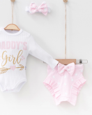 3-6 Ay Kız Bebek Alt&Üst Takımı Daddy's Girl Bandanalı Pembe