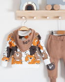 3-18 Ay Erkek Bebek Takımı Family Bears 3'lü Fularlı krem