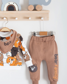 3-18 Ay Erkek Bebek Takımı Family Bears 3'lü Fularlı krem