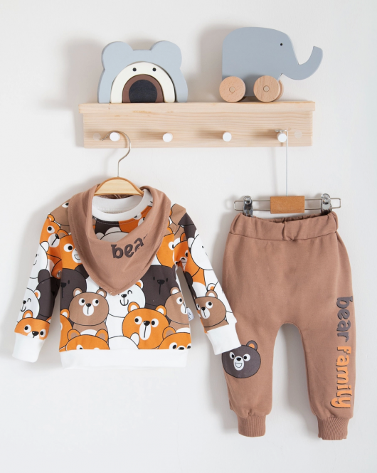3-18 Ay Erkek Bebek Takımı Family Bears 3'lü Fularlı krem