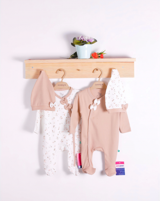 3-6 Ay Fiyonklu Küçük Çiçek Kız Bebek 4'lü Tulum Seti Kahverengi