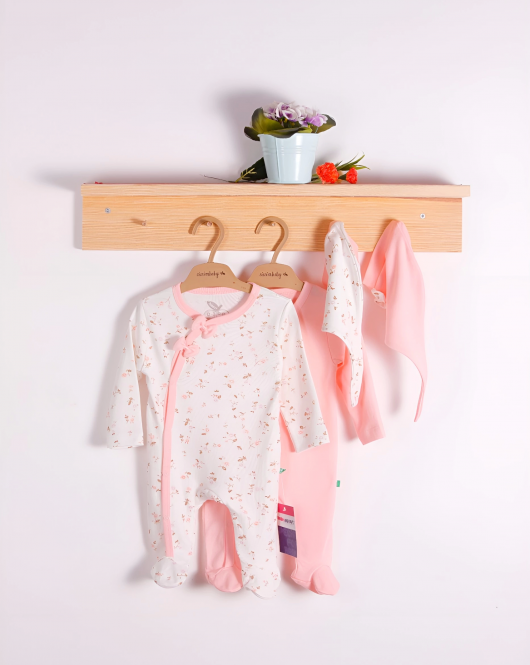 3-6 Ay Fiyonklu Küçük Çiçek Kız Bebek 4'lü Tulum Seti Pembe