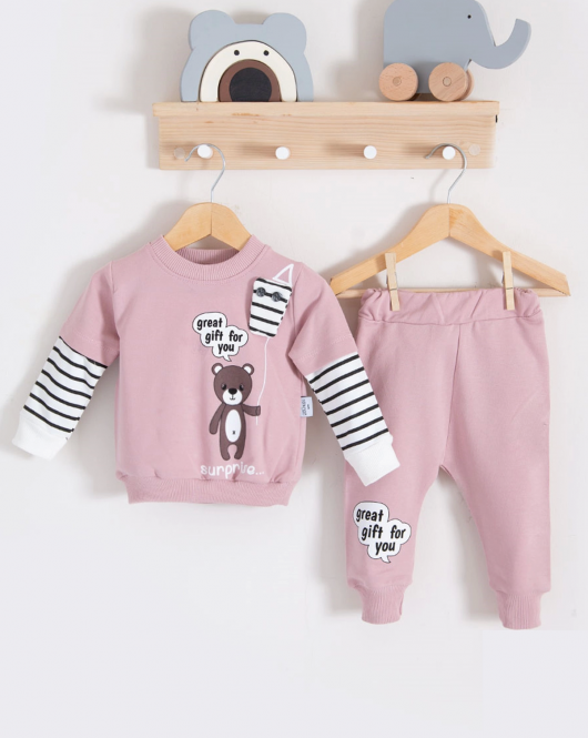 3-18 Ay Erkek Bebek Takımı Gift For You 2'li Gül Kurusu