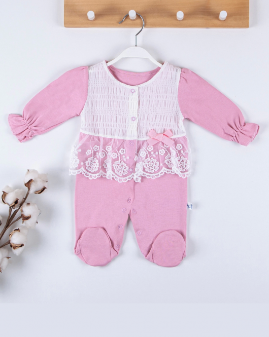 3-9 Ay Kız Bebek Tulumu Gofralı Fransız Güpürlü Pembe