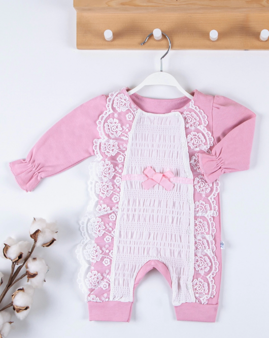 3-9 Ay Kız Bebek Tulumu Gofra Fransız Güpürlü Pembe