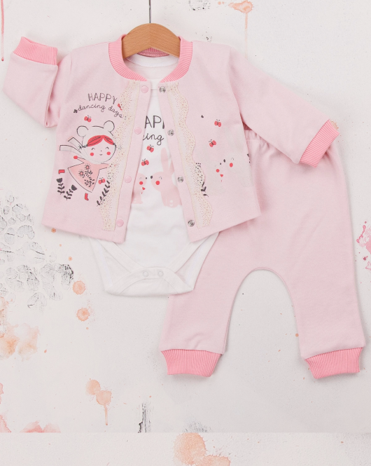 3-9 Ay Kız Bebek Takımı Happy Dancing 3'lü Hırkalı Pembe