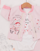 3-9 Ay Kız Bebek Takımı Happy Dancing 3'lü Hırkalı Pembe