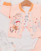 3-9 Ay Kız Bebek Takımı Happy Dancing 3'lü Hırkalı Somon