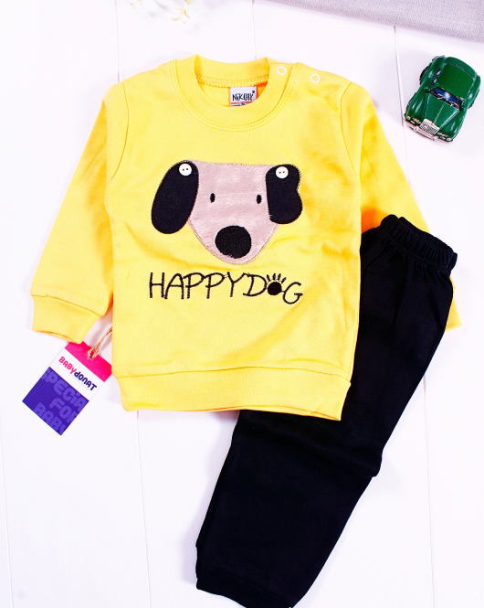 3-12 Ay Erkek Bebek Takımı Happy Dog Nakışlı Sarı