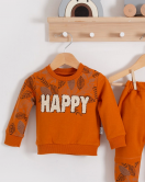 3-18 Ay Erkek Bebek Takımı Happy Yaprak 2'li Turuncu