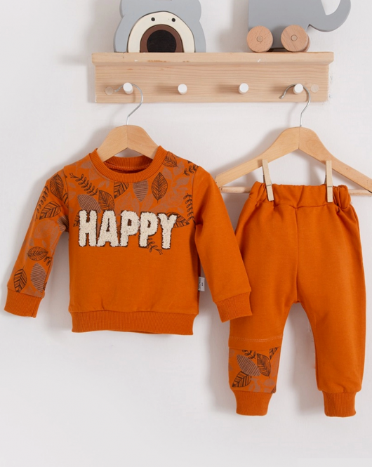 3-18 Ay Erkek Bebek Takımı Happy Yaprak 2'li Turuncu