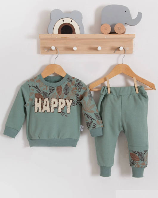 3-18 Ay Erkek Bebek Takımı Happy Yaprak 2'li Yeşil