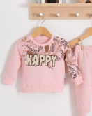 3-18 Ay Kız Bebek Takımı Happy Yaprak 2'li Pembe