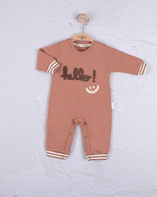 3-12 Ay Erkek Bebek Tulum Hello Nakışlı Kahverengi