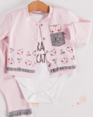 3-9 Ay Kız Bebek Takımı Kedi 3'lü Hırkalı Açık Pembe