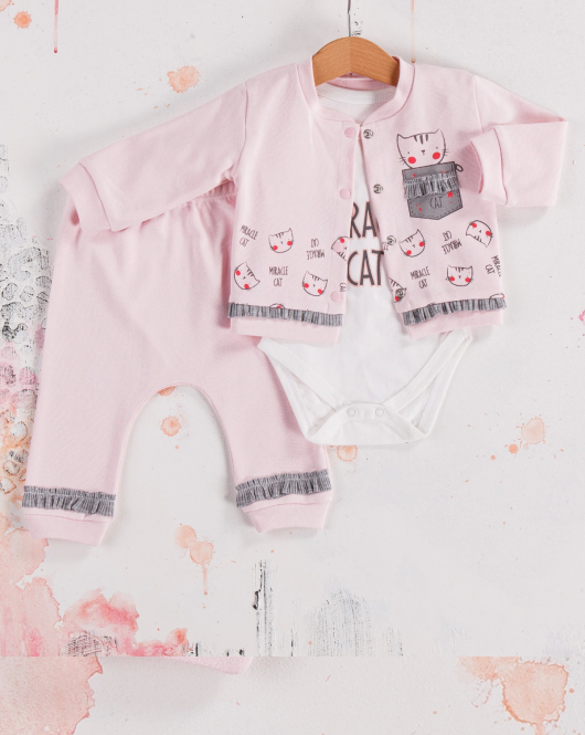 3-9 Ay Kız Bebek Takımı Kedi 3'lü Hırkalı Açık Pembe