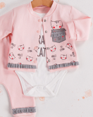 3-9 Ay Kız Bebek Alt&Üst Takımı Kedi 3'lü Hırkalı Pembe