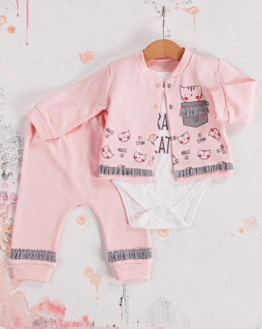 3-9 Ay Kız Bebek Alt&Üst Takımı Kedi 3'lü Hırkalı Pembe