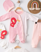 3 Ay Kelebek Nakışlı Puanlı Tulumlu Kız Bebek 5'li Set Pembe