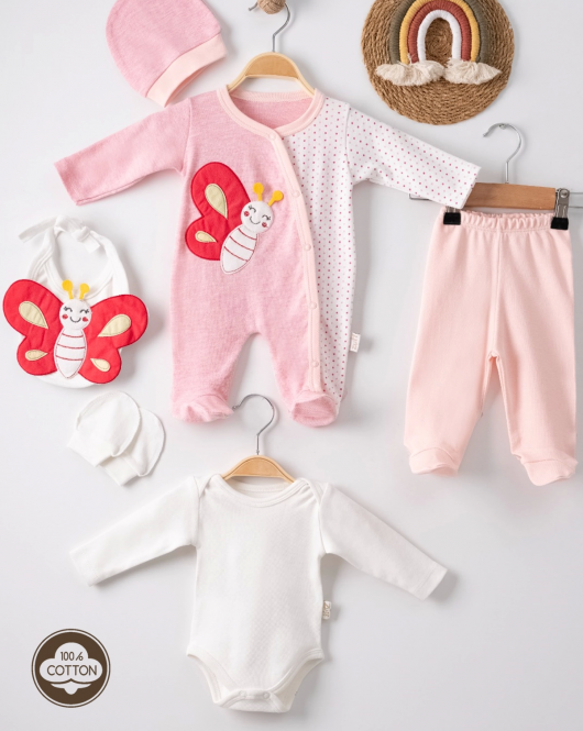 3 Ay Kelebek Nakışlı Puanlı Tulumlu Kız Bebek 5'li Set Pembe