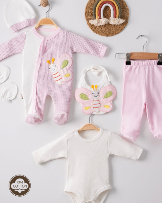 3 Ay Kelebek Nakış Puanlı Tulumlu Kız Bebek 5'li Set Pembe