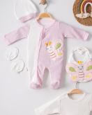 3 Ay Kelebek Nakış Puanlı Tulumlu Kız Bebek 5'li Set Pembe
