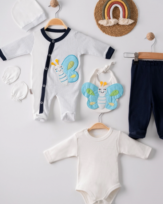 3 Ay Kelebek Nakışlı Tulumlu Erkek Bebek 5'li Set Siyah