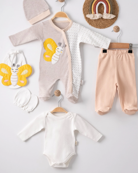 3 Ay Kelebek Nakışlı Tulum Erkek Bebek 5'li Set Kahverengi