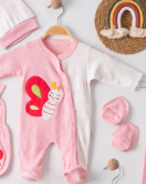 3 Ay Kelebek Nakış Tulumlu Kız Bebek 5'li Set Pembe