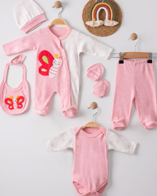 3 Ay Kelebek Nakış Tulumlu Kız Bebek 5'li Set Pembe